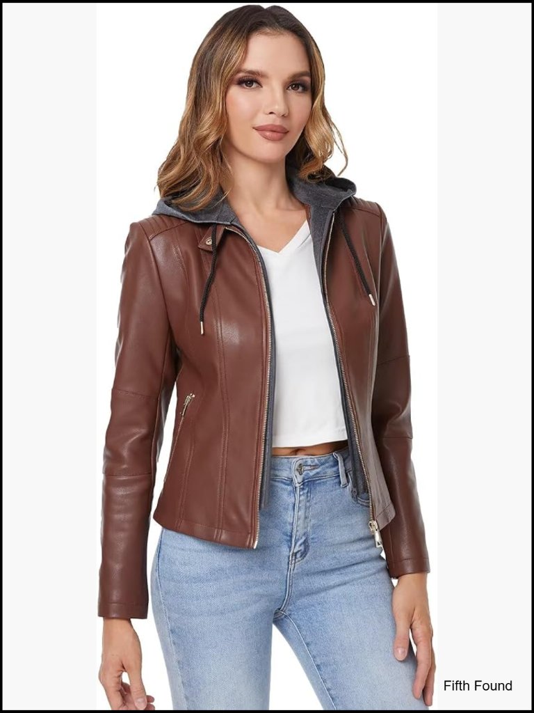 Faux Leather Moto Jacket Removable Hooded Slim Fit